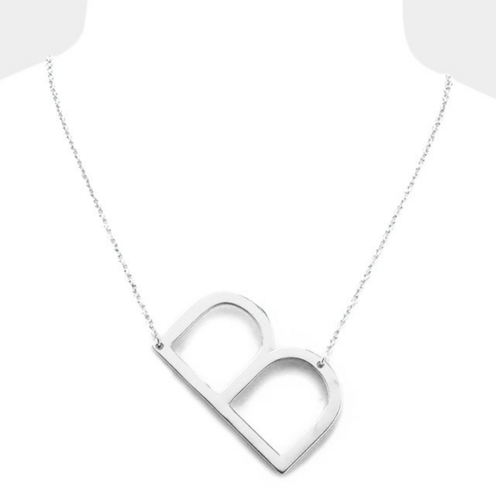 Silver Monogram "B" Large Initial Pendant Chain Fashion Statement Necklace